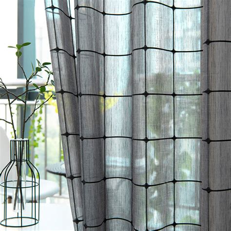 Pane Paradise Checked Grid Charcoal Gray Sheer Curtains