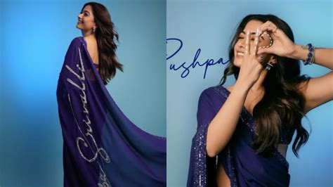 Check Rashmika Mandanna's ink blue saree with 'Pushpa' 'Srivalli' print ...