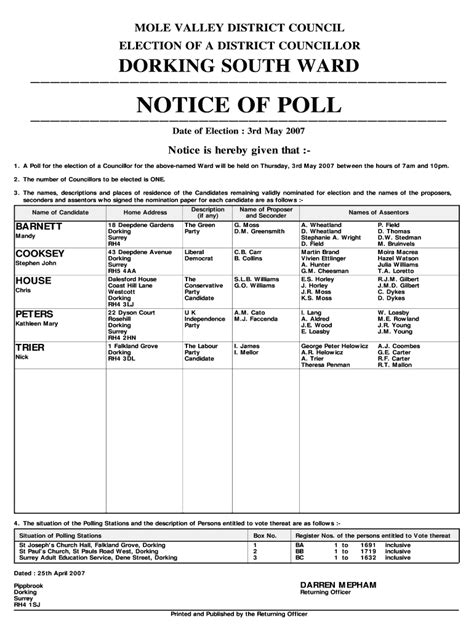 Fillable Online NOTICE OF POLL - Mole Valley Fax Email Print - pdfFiller