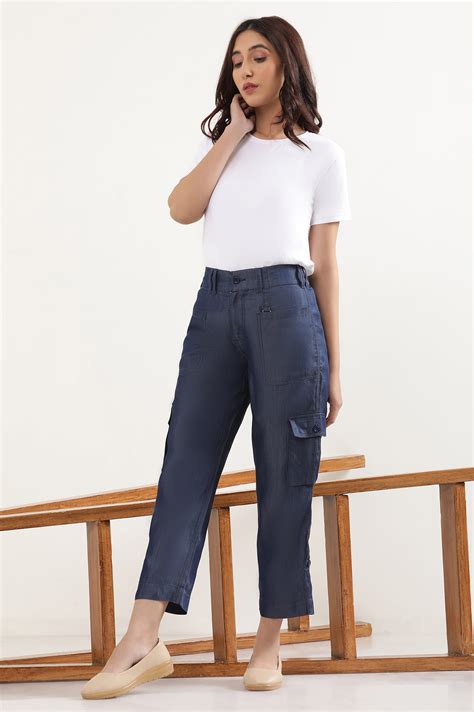 Buy Blue Solid Straight Fit Lyocell Pants With Six Pockets Online for ...