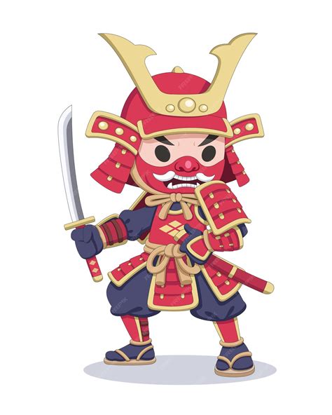 Niedliche japanische Samurai in Kampfrüstung-Cartoon-Illustration ...
