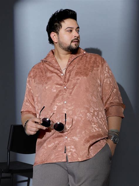 Instafab Plus Men's Dark Peach Flake-Jacquard Satin Shirt