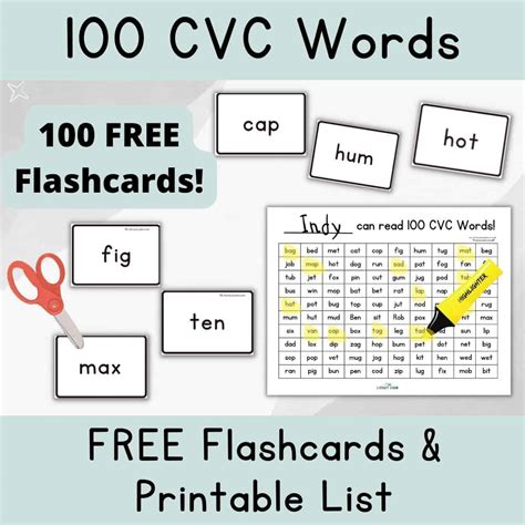 100 Free Printable CVC Words Chart & Cards - Literacy Learn