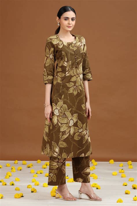 Olive Green Floral Printed Cotton A Line Co-ord Set – Cotton Culture