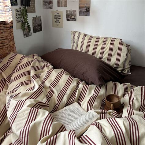 Beige & Brown Vintage Striped Bedding Set - roomtery | Striped bedding ...