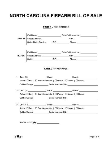 Free North Carolina Firearm Bill of Sale Form | PDF | Word