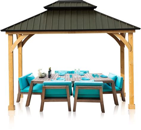 Buy Aoodor Patio Solid Wooden Gazebo 10 x 12 ft. Hardtop Roof 2 - Tier ...