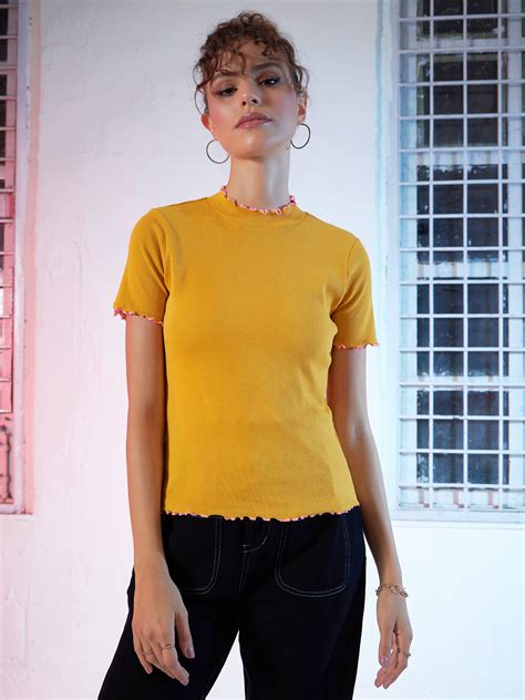 Buy Women Mustard RIb Contrast Stitch High Neck Top Online At Best ...