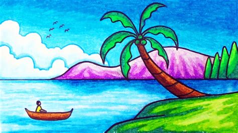Easy Nature Scenery Drawing | How to Draw Simple Scenery of Lake with Oil Pastels