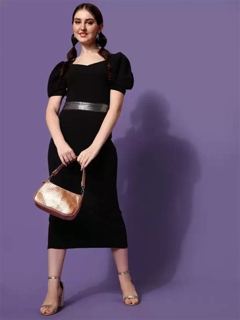 Elegant Black Solid Knitted Sheath Midi Knee Length Dress by Wyshlist