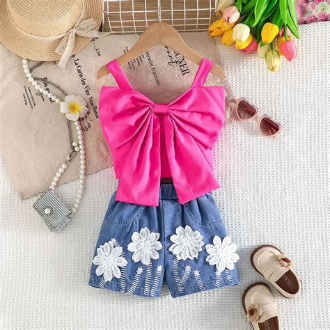 Girls Fuchsia Bow Top And Flower Denim Shorts Sets – INCLUD