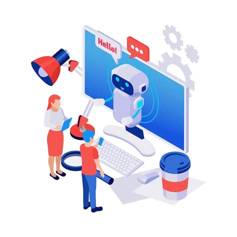Cute chatbot greeting people isometric icon with computer and various ...
