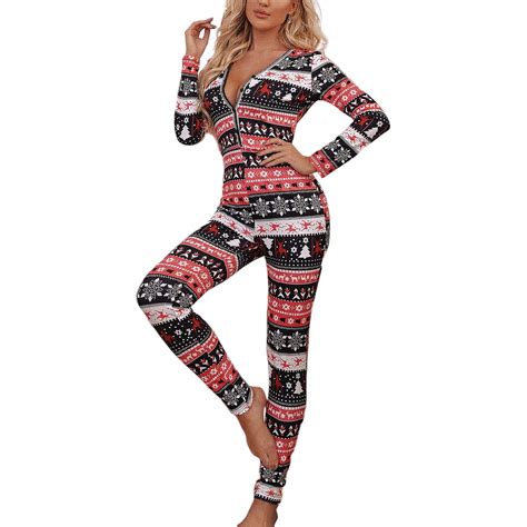 Christmas One Piece for Women Fleece Hooded Jumpsuit Zipper Romper Sexy ...