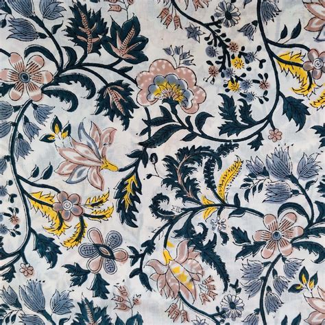 Pure Cotton Jaipuri White With Yellow Grey Wild Jaal Hand Block Print ...