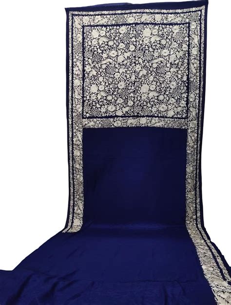 Pure Elegance: Exquisite Blue Parsi Gara Hand Embroidered Crepe Saree