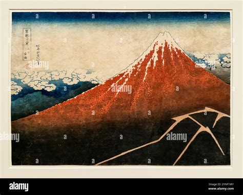 Fuji in Clear Weather by Katsushika Hokusai. Red Mt Fuji with snow. A ...