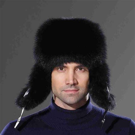 Russian Black Ushanka Hat Winter Men Real Fox Fur Hat - URSFUR
