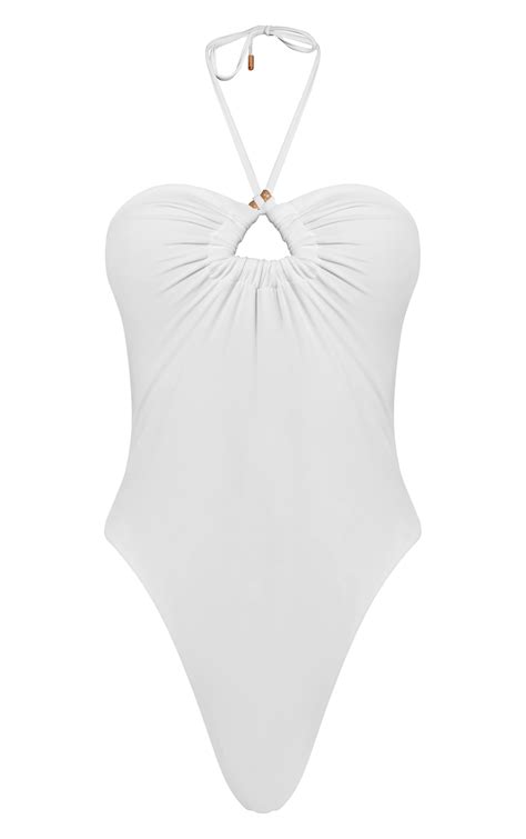 Cream Triangle Trim Halter Neck Swimsuit | Swimwear | PrettyLittleThing USA