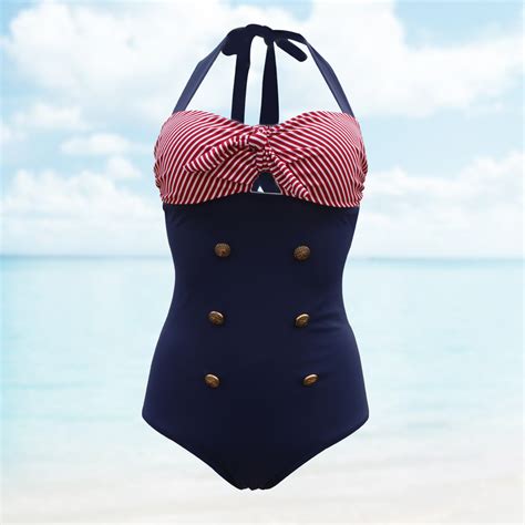 Retro Style Navy One-piece Swimsuit With Red Nautical Stripes on Luulla