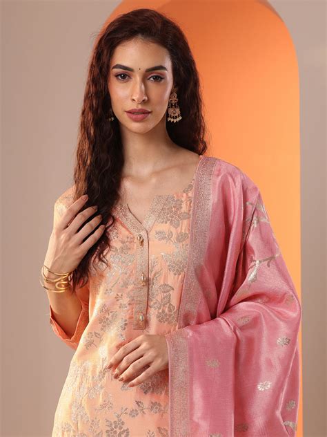 Buy Peach Woven Design Silk Blend Straight Suit Set With Dupatta Online ...
