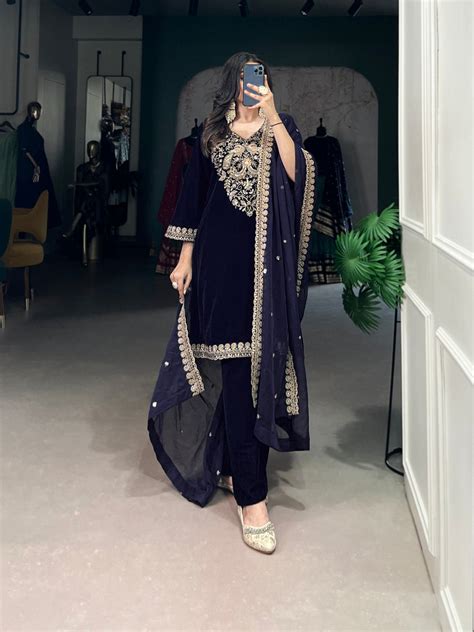Navy Blue Luxurious Velvet Embroidered Suit Set with Organza