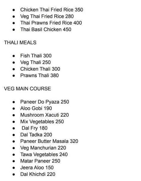 Menu at The Memory Lane, Siolim