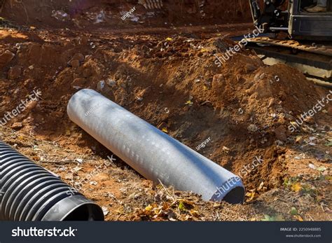 Worker Laying Sewage Pipes Ground Preparing Stock Photo 2250948885 ...