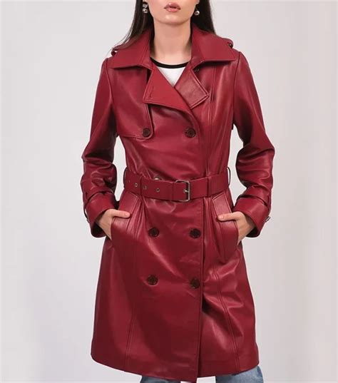 Women’s Belted Red Leather Trench Coat - Stegaro