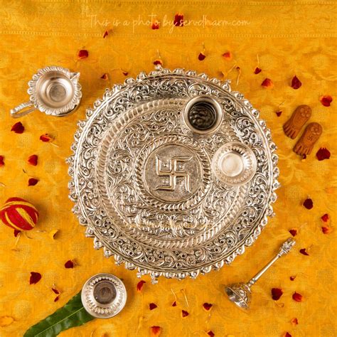 Intricately Designed Silver Plated Pooja Thali Set with Floral Pattern ...