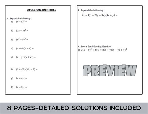 Algebraic Identities Review Worksheet (with solutions) | Teaching Resources