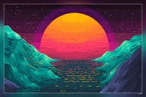 Graphic Design Fantasy Landscape Retro Wave Pixeles Video Game Matte ...