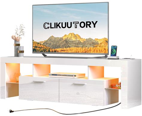Clikuutory Modern LED White 67 inch TV Stand with Power Outlet and ...