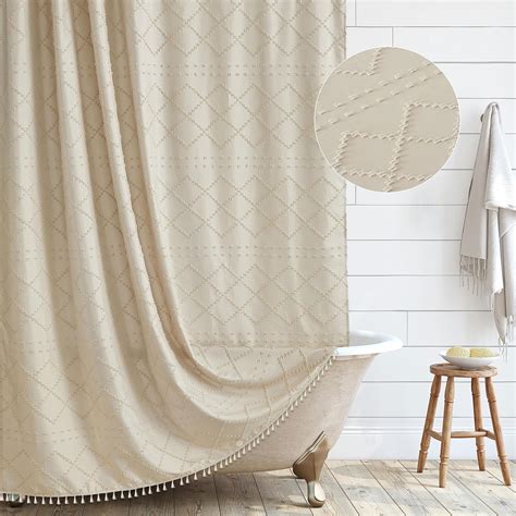 Amazon.com: Extra Long Boho Farmhouse Shower Curtain Woven Fabric Cream ...