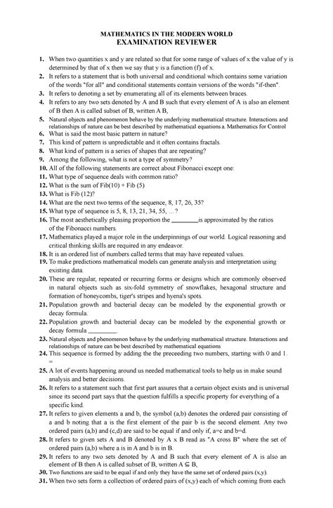 Reviewer Math in the Modern World - MATHEMATICS IN THE MODERN WORLD EXAMINATION REVIEWER 1. When ...