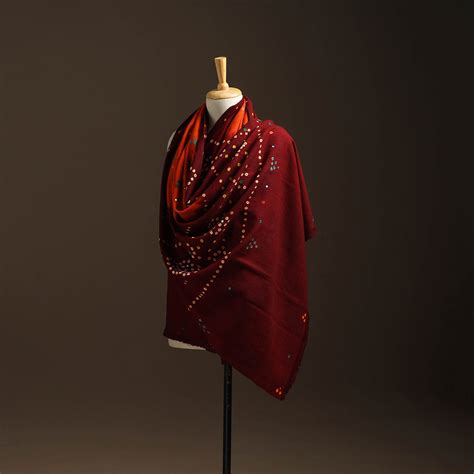 Maroon Kutch Mirror Work Handwoven Bandhani Bagida Woolen Shawl