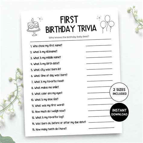 First Birthday Game Printable, First Birthday Trivia, Baby's First ...