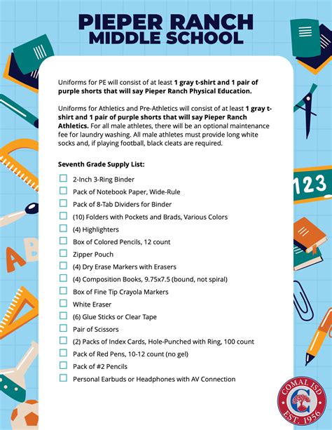 Pieper Ranch Middle School – School Supply Lists – Comal Independent ...