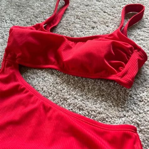 Red one piece swimsuit with side cut out Size... - Depop