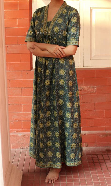 Dark Green Ajrakh print cotton maxi dress | Cotton maxi dress – The ...