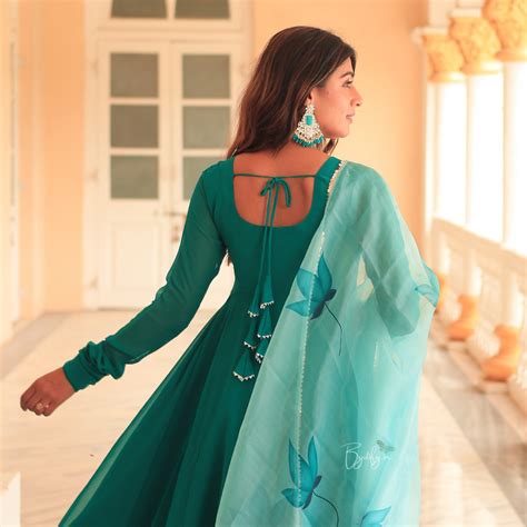 Ivy Green Georgette Anarkali Suit set with Organza Dupatta – Byutify.in