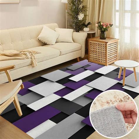 Abstract Geometric Art, Purple Black Grey Soft Large Area Rugs Washable ...