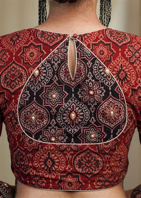 Maroon Cotton Ajrakh Combination Blouse With Bead work at the Back and ...