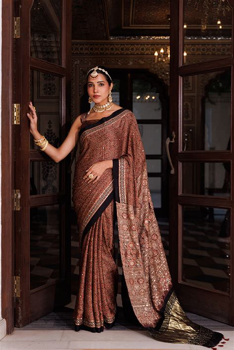 Maroon & Black Modal Silk Hand-Block Printed Ajrakh Saree With Aari ...
