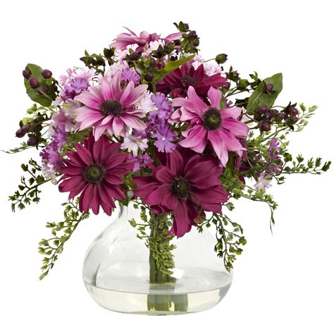 Nearly Natural Mixed Daisy Floral Artificial Flowers with Vase, Pink ...