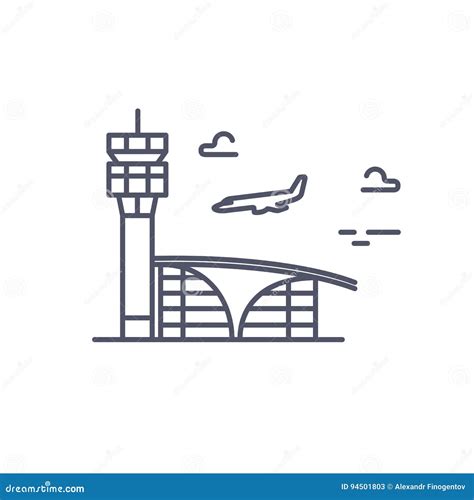 Airport Building. Plane is Landing. Vector Line Icon Stock Vector ...