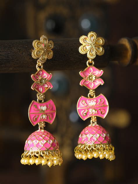 Pink Gold Plated Meenakari Floral Jhumka – Priyaasi