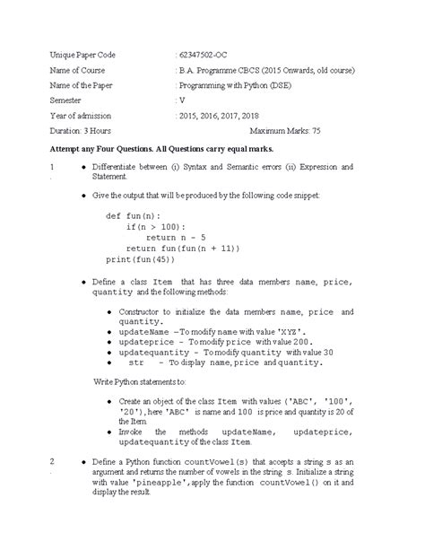 Python Programming (DSE) Question Paper - Sem V (Unique Code: 62347502 ...