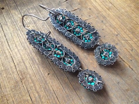 Vintage Mexican 3 long 925 silver filigree earring with turquoise seed ...