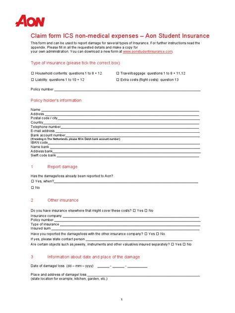 Claim form ICS non-medical expenses - Aon Student Insurance: Type of ...