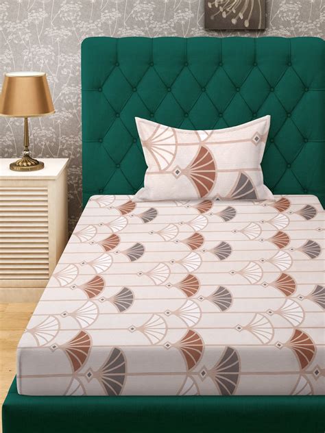 Cream Floral 300 TC Cotton Blend Fitted Single Bedsheet with Pillow Co ...